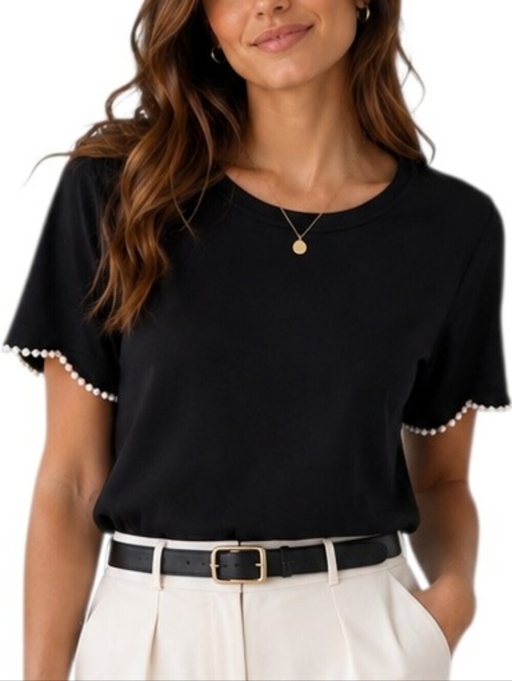 Joie Black Short-Sleeve Blouse with Pearl-Trim